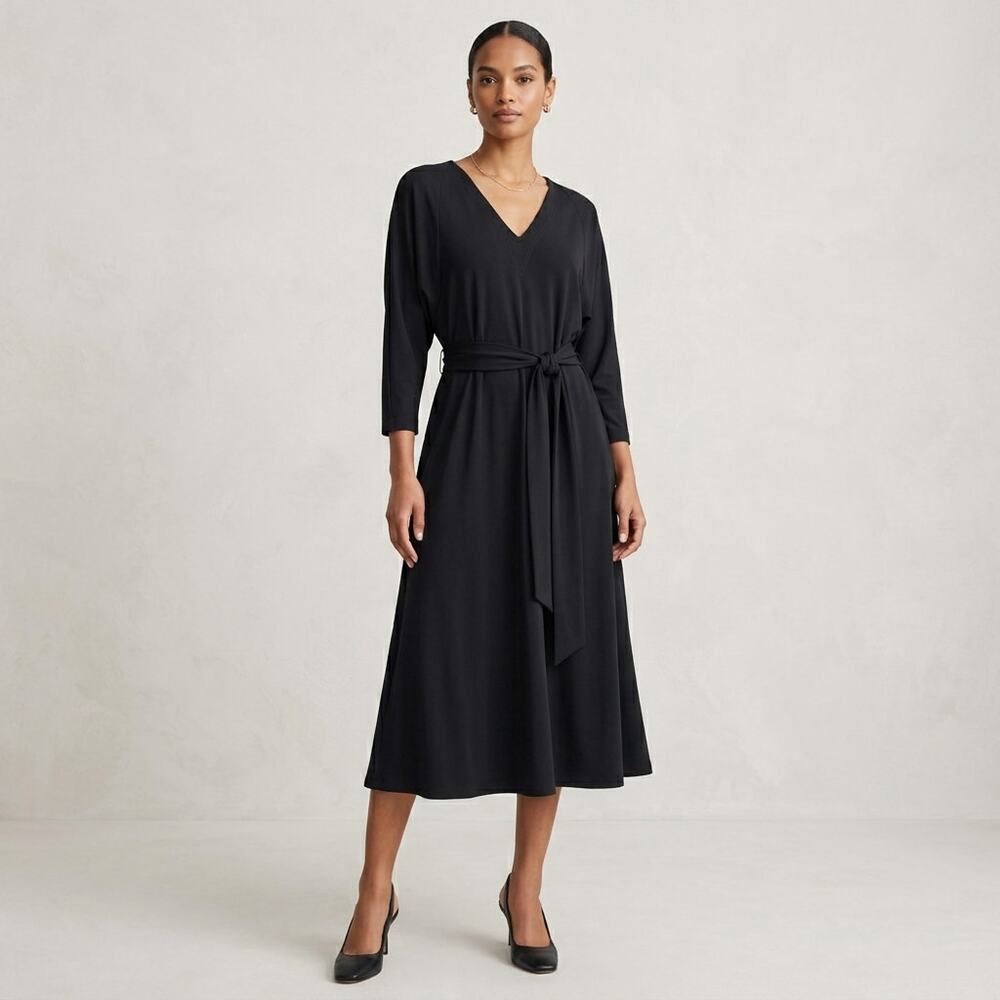 Lafayette 148 New York Black Matte Jersey V-Neck Belted Midi Dress Small A-Line